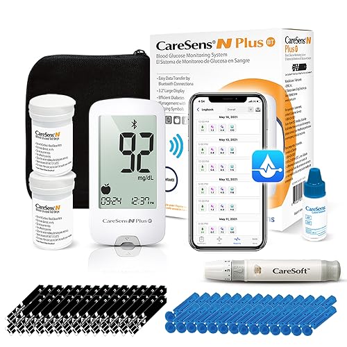 CareSens N Plus Bluetooth Blood Glucose Monitor Kit with 100 Test Strips, 100 Lancets, 1 Blood Glucose Meter, 1 Lancing Device, Travel Case for Diabetes Testing (Auto-Coding Glucometer kit with 1 Control Solution)…
