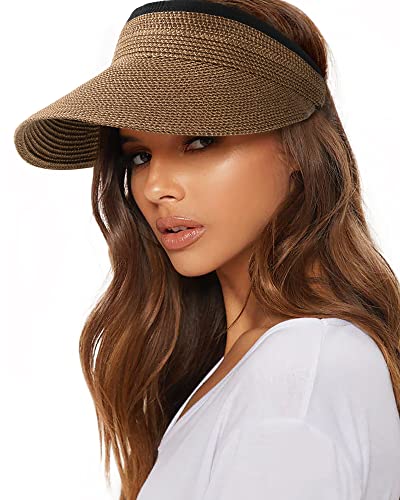 FURTALK Womens Sun Visor Hat Straw Sun Visors for Women Summer Packable Ponytail Beach Hats for Women Travel UPF 50+ Brown