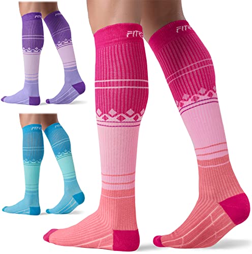 FITRELL 3 Pairs Compression Socks for Women and Men 15-20mmHg- Support Socks for Travel, Running, Nurse, Medical Pink+Purple+Blue S/M