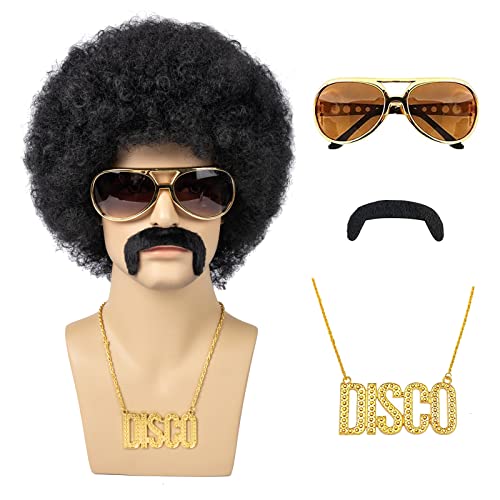 Afro Wig Men, 5pcs Set { Wig+ Glasses+ Necklace+ Mustache+ Wig Cap } 70'S Costumes Wig Disco Wig for Men Natural Fluffy Short Black Curly Synthetic hair Wig for Halloween Chrismas Cosplay Party