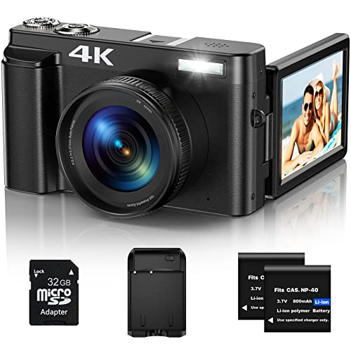 4K Digital Camera for Photography, Autofocus 48MP Vlogging Camera for YouTube with 3” 180 Degree Flip Screen, Compact Video Camera with 16X Digital Zoom, 32G SD Card, 2 Batteries & Battery Charger