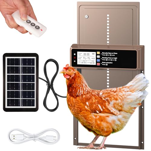 NyPots Automatic Chicken Coop Door Solar Powered, LCD Display Automatic Chicken Door with Timer & Light Sensor, Aluminum Alloy Chicken Door with Remote Control & 4 Modes Automatic Chicken Door Solar