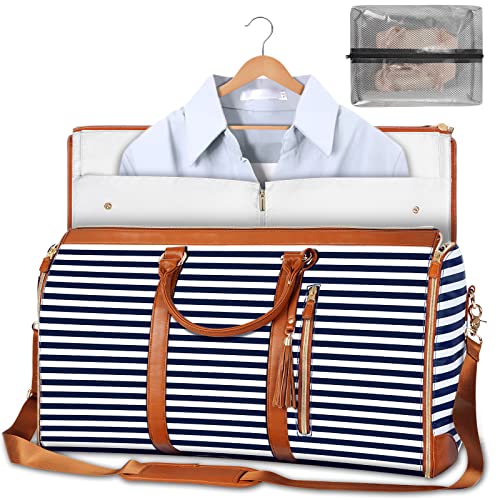 Large Convertible Garment Bags for Travel , Waterproof Carry On Duffle Bag with Shoe Pouch, 2 in 1 Hanging Suitcase Suit Travel Bags, Gifts for Women, Royal Blue Stripe
