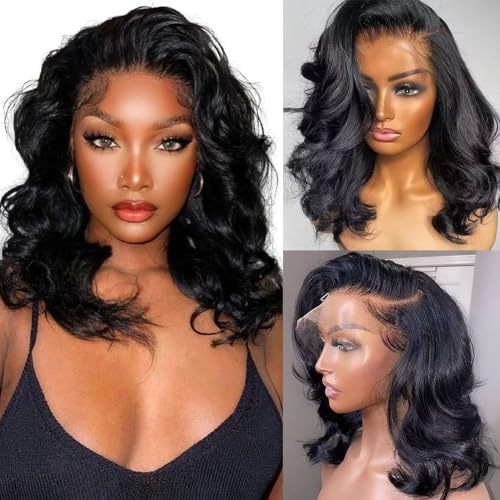 13x4 Body Wave HD Lace Front Wigs Human Hair 180% Density Glueless Bob Wigs Human Hair Pre Plucked Short Bob Wigs for Black Women Frontal Wig Human Hair Natural Black Color (14 inch, Bob Wig)