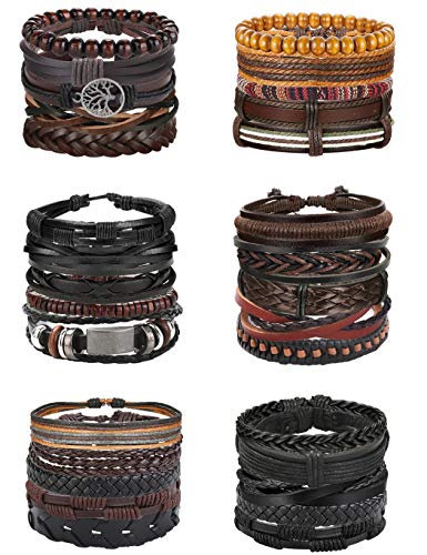 Florideco 30PCS Braided Leather Bracelets for Men Women Wrap Wood Beads Bracelet Woven Ethnic Tribal Rope Wristbands Bracelets Set Adjustable (A:30PCS Style A)