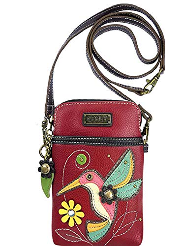 CHALA Cell Phone Crossbody Purse-Women PU Leather/Canvas Multicolor Handbag with Adjustable Strap - Hummingbird - burgundy