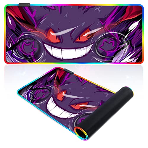 RGB Anime Gaming Mouse Pad,Anime Gengar Large Gaming Mouse Pad with 14 Lighting Modes,Waterproof Computer Keyboard Desk Mat 31.5×11.8 inches,Gengar