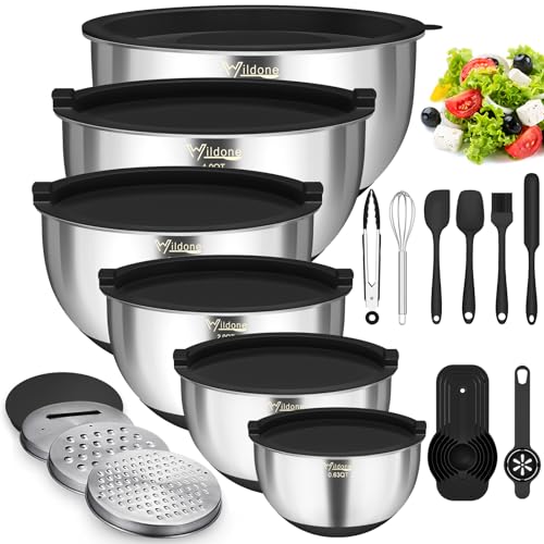 Wildone Mixing Bowls with Airtight Lids, 22 PCS Stainless Steel Set, 3 Grater Attachments, Measurement Marks & Non-Slip Bottom, Size 5, 4, 3, 2,1.5, 0.63QT, Ideal for Mixing & Prepping