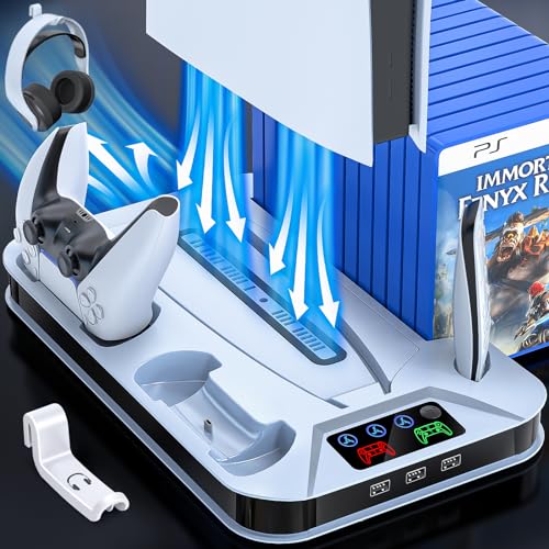 Cooling Station for PS5 Stand with Controller Charging Station for Playstation 5 Console Disc/Digital, Cooling Stand for PS5 Cooler Fan Accessories for PS5 with 3 USB Hubs (Not for PS5 Slim Versions)