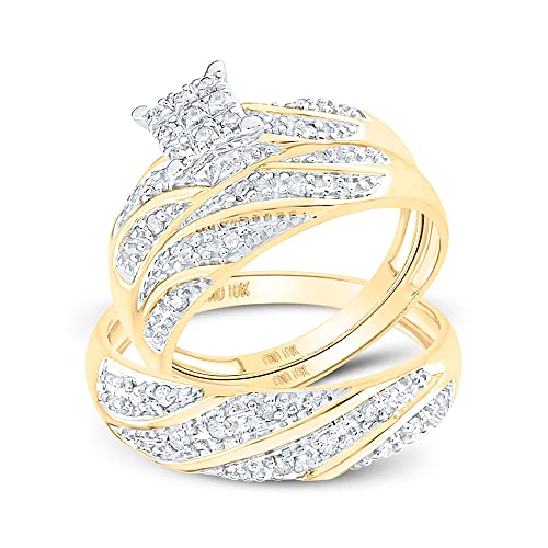 Sizes - L = 9.5, M = 13 - 10k Yellow and White 2 Two Tone Gold Mens and Ladies Couple His & Hers Trio 3 Three Ring Bridal Matching Engagement Wedding Ring Band Set - Round Diamonds - Princess Shape Center Setting (1/4 cttw) - Please use drop down menu to select your desired ring sizes