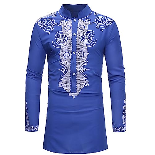 HEFASDM Men's Long Sleeve African Dashiki Traditional Gold Print Button Down Shirts Blue XX-Large