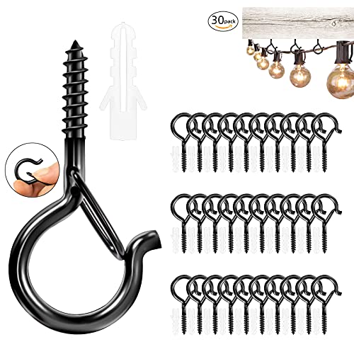 Zienlay 30 PCS Screw in Light Hooks for Outdoor String Lights, Windproof Q Hanger Hooks Safety Buckle, Eye Hooks Cup Hook for Hanging Plants, Christmas Lights & Patio Lights, 2.2 Inches, Black