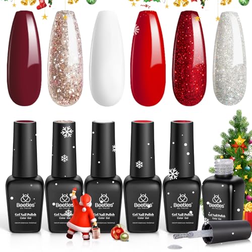 Beetles Candy Cane Gel Nail Polish Christmas Gift Set, 6Pcs Gel Polish Glitter Burgundy Red Sparkle Gel Nail Kit Snow White Silver Holiday Nail Gel, Soak off Uv Nail Art Design Beetles Gift Spree