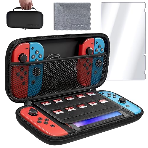 Neptune Switch Carry Case - Protective Shell for Switch & OLED - Game Cartridge Holder - Water & Scratch-Resistant - Travel-Friendly Accessory With Microfiber Towel & Screen Protector (Black)