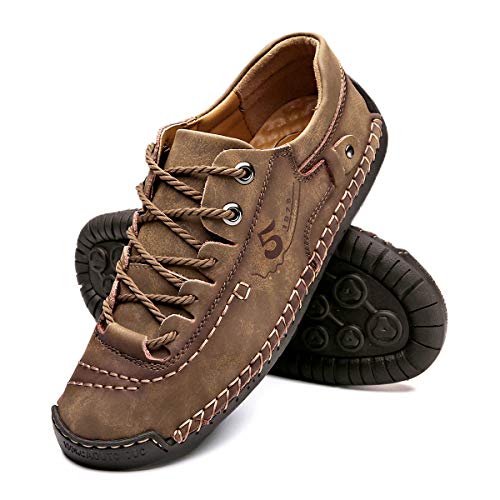alcubieree Mens Leather Casual Shoes Comfortable Fashion Sneakers Loafers Lightweight Dress Walking Driving Shoes for Men（Size 7.5-13） Brown