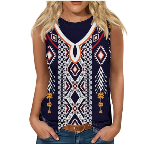 Workout Tank Tops Women's Tank Tops Western Printing Shirts Casual Hatler High Neck Sleevelss Tanks Casual Loose Fit Summer Vacation Clothes Women's Tank Tops Loose Fit Navy S