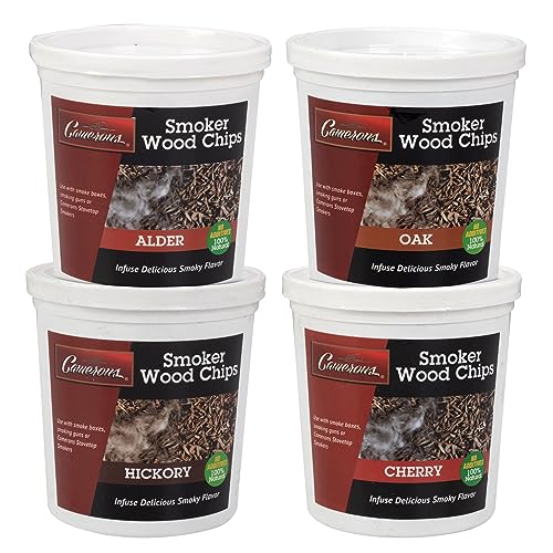 Camerons All Natural Extra Fine BBQ Wood Chips, 4 Pack - Alder, Cherry, Oak, Hickory (4 Pints, 0.473L ea) - Kiln Dried Sawdust Shavings for Smoking Guns, Smokers, Smoke Boxes - Barbecue Grilling Gift