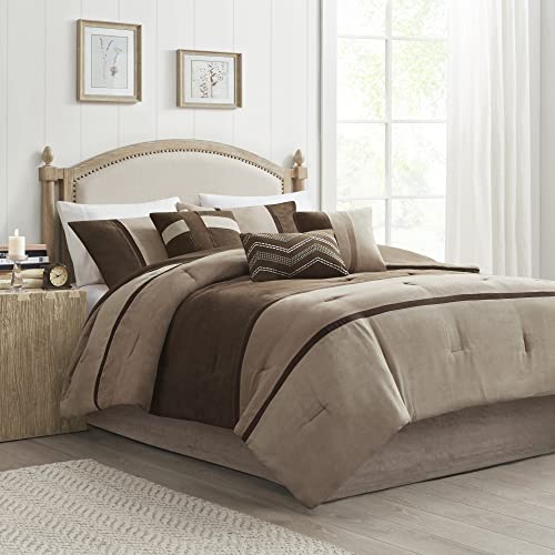 Madison Park Palisades Comforter Set Modern Faux Suede Pieced Stripe Design, All Season Down Alternative Cozy Bedding with Matching Shams, Decorative Pillows, King(104'x92'), Brown 7 Piece