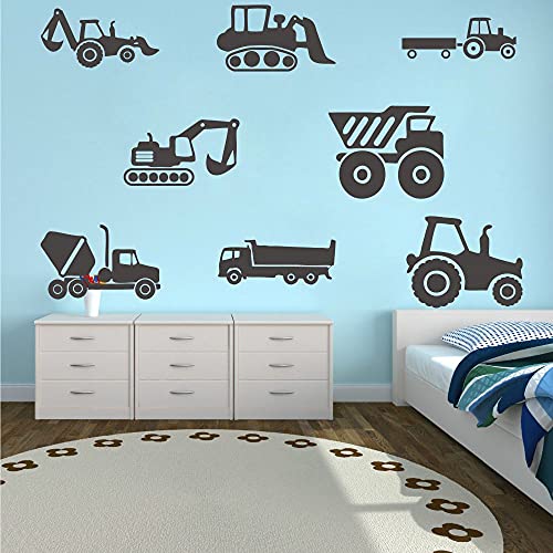 8 Transports Kids Wall Stickers Decals Excavator Bulldozer Mixer Truck Construction Truck Tractor Peel and Stick Removable for Nursery Bedroom Living Room Art murals Decorations JWH130 (Black)