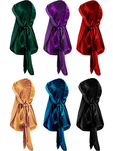 6 Pieces Stretchable Luxury Velvet Durag Cap Straps Headwraps with Long Tail and Wide Straps (Green, Purple, Red, Gold, Blue, Dark)