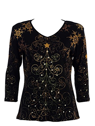 Jess & Jane Christmas Star Cotton Top, 15-811, XL, Black