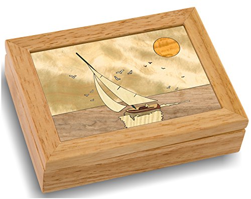 MarqArt Wood Art Boat Box - Handmade in USA - Unmatched Quality - Unique, No Two are the Same - Original Work of Wood Art. A Sailing Gift, Ring, Trinket or Wood Jewelry Box (#4104 Full Sail 4x5x1.5)
