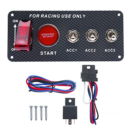 12V Ignition Switch Panel for Race Car Ignition Starter Switches 5 in 1 Ignition Panel with Engine Push Button Carbon Fiber LED Toggle Switches for RV Truck Racing Car Ignition Switch Panel