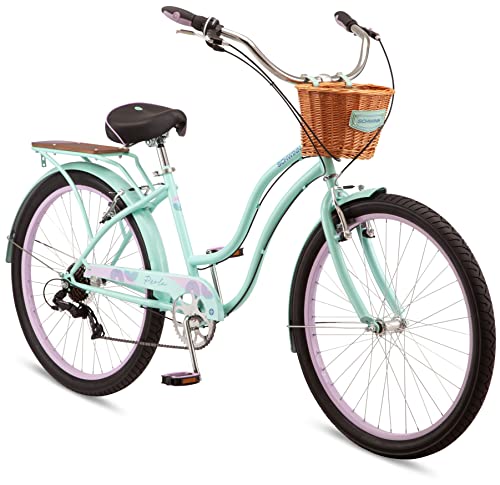Schwinn Perla Deluxe Adult Beach Cruiser Bike, Men and Women, 18-Inch Step-Through Steel Frame, 7-Speed Drivetrain, Rear Rack, 26-Inch Wheels, Mint