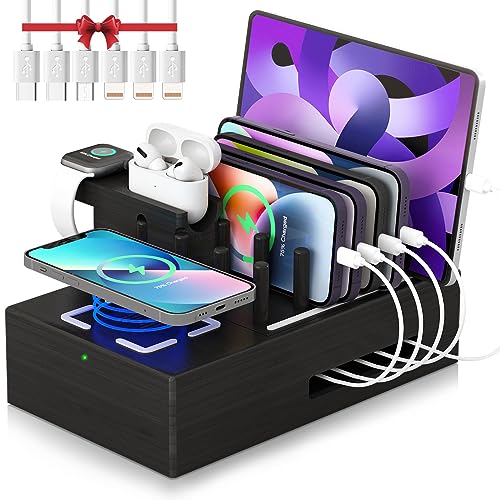 Darfoo Bamboo Charging Station Multiple Devices - Qi Certified Fast Wireless Charger & 7 USB Ports Wood Charging Station for Phones, Tablets, Smart Watches & Earbuds (Black)