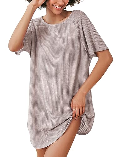 Ekouaer Women's Nightgown Tee Shirt Short Sleeve Sleep Waffle Knit Nightshirt Pajama Dress Light Curry S
