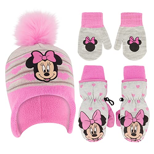 Disney Girls Toddler Winter Hat with Knit and Insulated Ski Mitten Set, Minnie Mouse For Ages 2-4