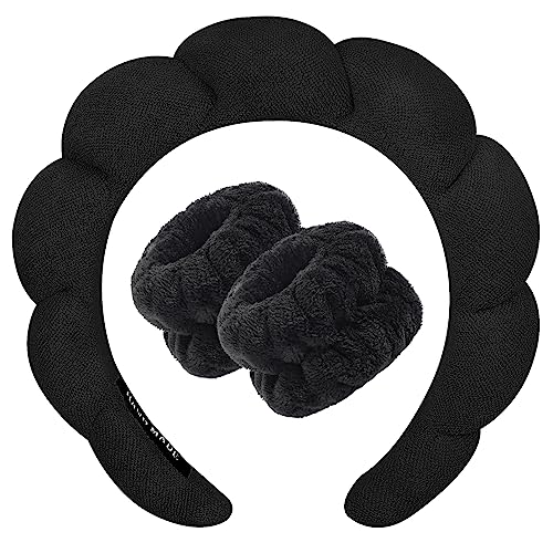 Zkptops Spa Headband for Washing Face Wristband Set Sponge Makeup Skincare Headband Terry Cloth Bubble Soft Get Ready Hairband for Women Girl Puffy Padded Headwear Non Slip Thick Hair Accessory(Black)
