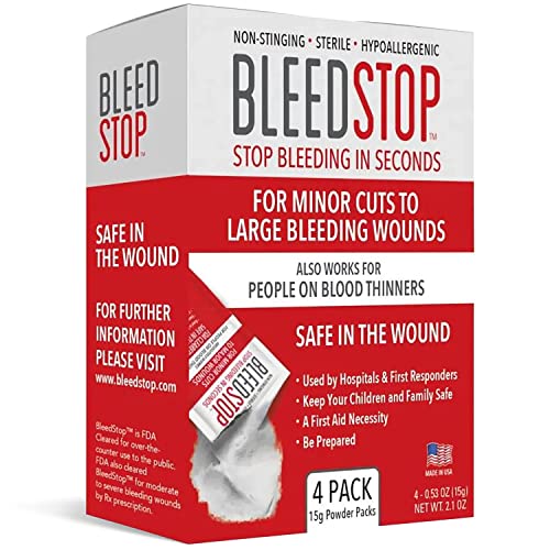 BleedStop First Aid Powder for Blood Clotting, Trauma Kit, Blood Thinner Patients, Camping Safety, and Survival Equipment for Moderate to Severe Bleeding Wounds or Nosebleeds - 4 (15g) Pouches