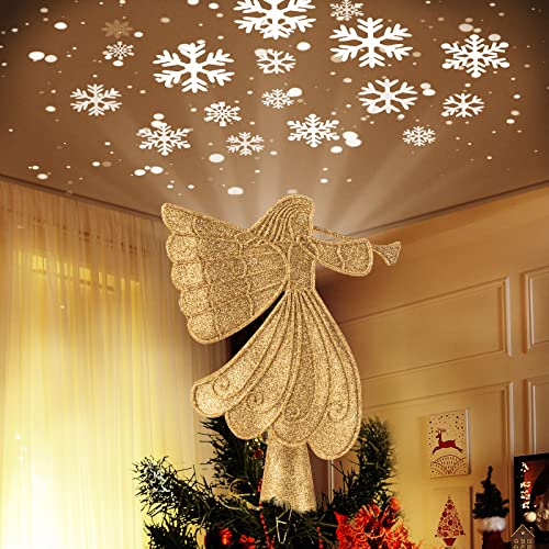 Christmas Angel Tree Topper with Built-in LED Snowflake Projector Lights Hollowed Pentagram Tree Top with Gold Spangles Plated Plug in for Indoor Outdoor Christmas Decorations, Gold
