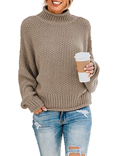 ZKESS Womens Turtleneck Sweaters Pullover Casual Long Batwing Sleeve Chunky Knit Sweater Winter Warm Jumper Sweater Khaki Small