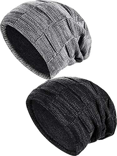Men Beanie Hat Warm Slouchy Hats Men Knitted Beanie Hats Winter Fleece Lined Skull Cap for Men (Black, Grey, 2)