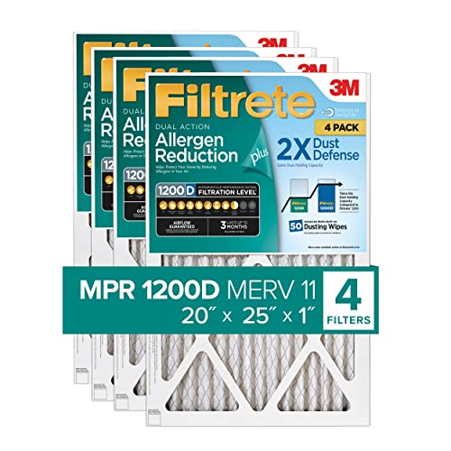 Filtrete 20x25x1 Air Filter MPR 1200D MERV 11, Allergen Reduction Plus Dust, 4-Pack Filters (exact dimensions 19.81x24.81x0.81)