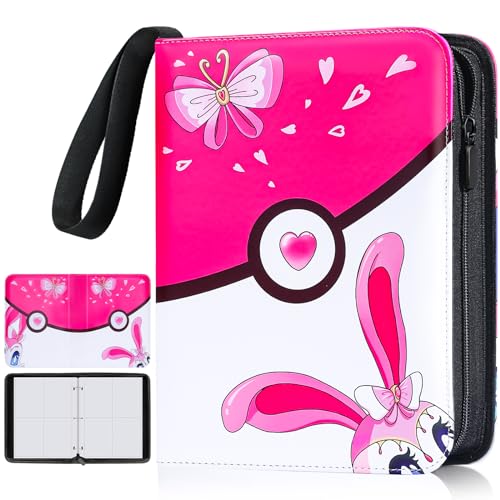 Cards Binder for Collecting 504pcs Cards, 4 Pockets Trading Card Binder Holder with 63 Sleeves, Carrying Case Cards Packs Book Album for Kids Girls Gifts (Pink)