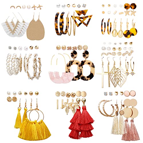 Earrings Set for Women, Funtopia 61 Pairs Fashion Tassel Earrings Acrylic Hoop Stud Drop Dangle Earrings for Birthday Party Gift, Assorted Styles and Colors