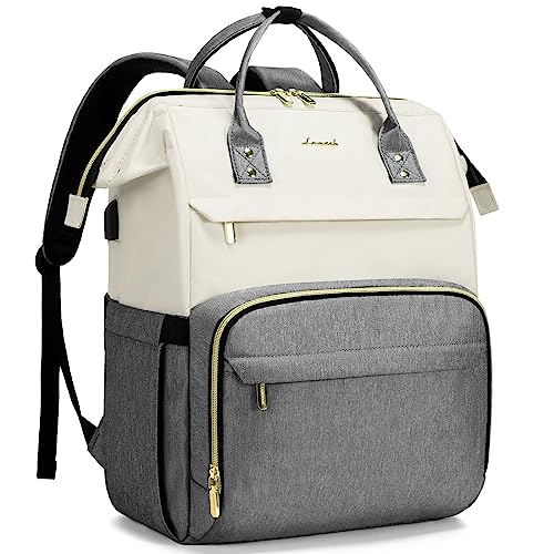 LOVEVOOK Laptop Backpack Purse for Women, 18 Inch Computer Business Stylish Backpacks, Doctor Nurse Bags for Work, Casual Daypack Backpack with USB Port, White-Grey