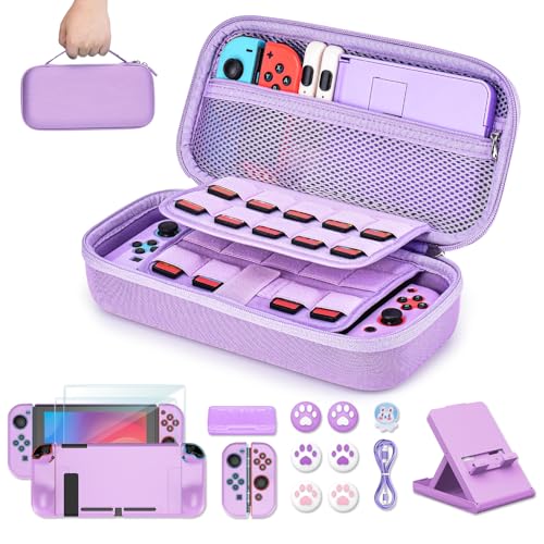 Younik Switch Carrying Case, 16 in 1 Switch Case Accessories Purple for Switch Original Model Includes Switch Travel Case Girls, Protective Case Cover, Screen Protector, Switch Game Case and More