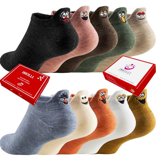 IBEILLI Women Cute Socks 10 Pairs Cotton Kawaii Embroidered Funny Low Cut Socks for Women Girls Ankle Socks (Sesame 10 Pack Street with Gift Box)
