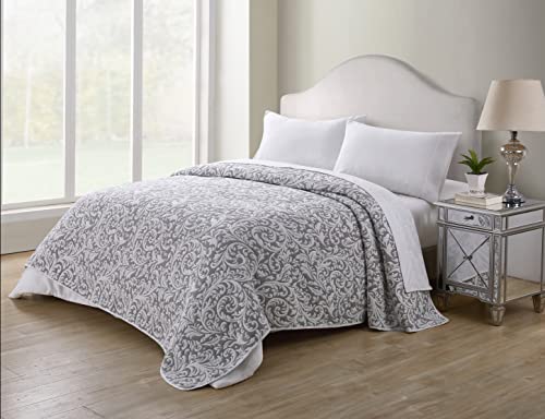 Tahari Home - King Coverlet, Soft Reversible Cotton Blanket, Damask Inspired Home Decor (Skylar Grey, King)