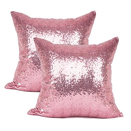 YOUR SMILE Pack of 2 New Luxury Series Pink Bling Decorative Glitzy Sequin & Comfy Satin Solid Throw Pillow Cover Cushion Case for Wedding/Christmas,18' x 18'