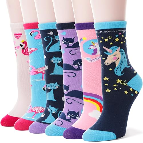 Kids Girls Cotton Socks Gift Soft Novelty Socks Cute Unicorn Pattern 6 Pairs (Animal Unicorn F, 5-8 Y)