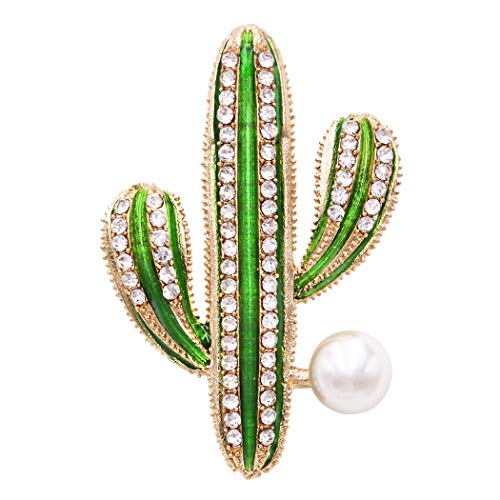 Rosemarie & Jubalee Women's Whimsical Gold Tone Crystal And Pearl Adorned Green Enamel Cactus Statement Brooch Pin (Columnar Cactus 1.75')