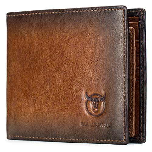 BULLCAPTAIN RFID Wallets for Men Slim Bifold Genuine Leather Front Pocket Wallet with 2 ID Windows QB-05 (Brown)