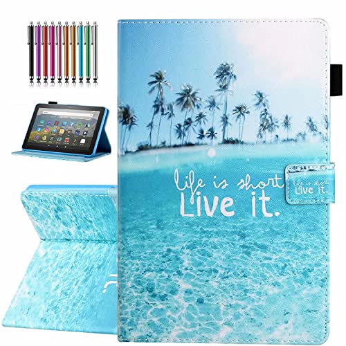 YUNHOTIC Case for All-New Amazon Fire HD 10 & 10 Plus (13th/11th Generation, 2023/2021 Release), Pen Holder, Premium PU Leather Stand Cover with Smart Auto Wake/Sleep, Beach