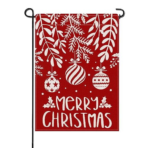 Artofy Merry Christmas Ball Small Decorative Garden Flag, Xmas Ornament Holly Red Berries Plants Leaves Yard Lawn Outside Decor, Winter Holiday Farmhouse Outdoor Home Decoration Double Sided 12 x 18