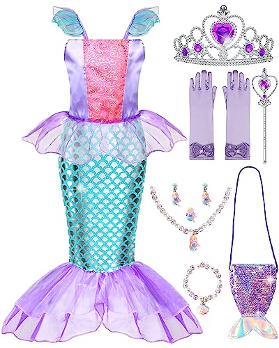 Meland Mermaid Dress for Girls - Little Mermaid Costume for Girls with Bag Princess Dresses for Girls 3-8 Birthday Gift